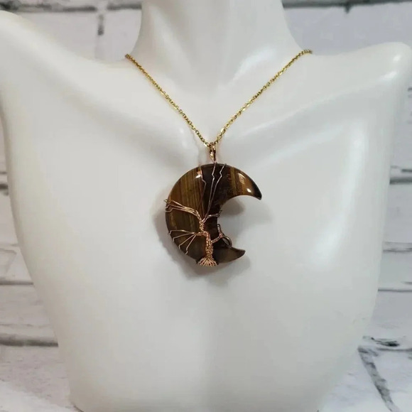 Tigers Eye Golden Wire Wrapped Half Moon Pendant with 18in Chain. - Picture 4 of 5